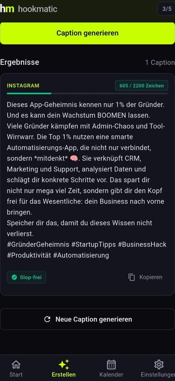 Hookmatic Caption Generator f&uuml;r Instagram mit Slop-frei Badge