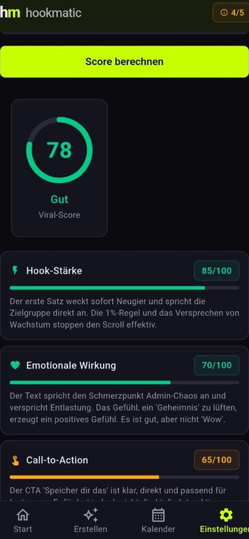 Hookmatic Viral-Score Analyse mit Hook-St&auml;rke und Emotionaler Wirkung