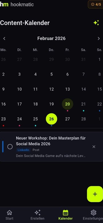Hookmatic Content-Kalender mit geplanten Social Media Posts